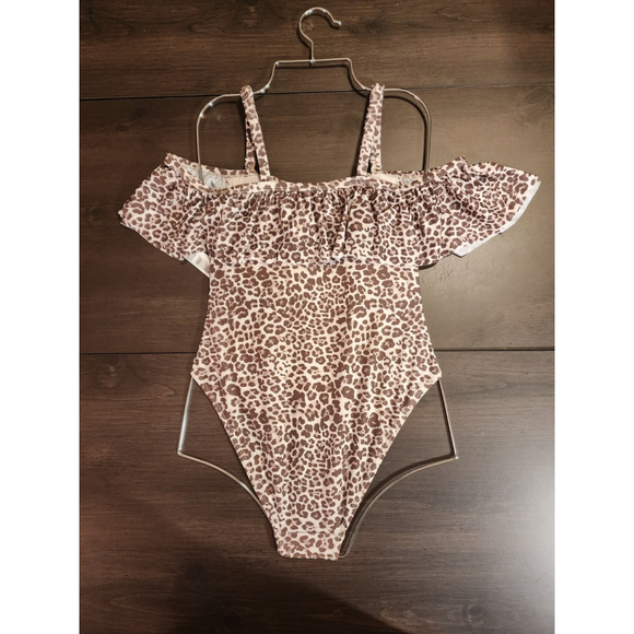 Tahari One piece Ruffle Strapless Swimsuit Bathing Suit LARGE Cheetah Leopard - Picture 5 of 13